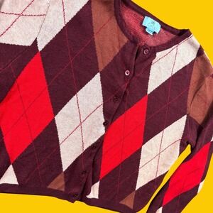 CeCe Cardigan Women L Burgundy Argyle Wool Blend Button Up Preppy Chic Sweater